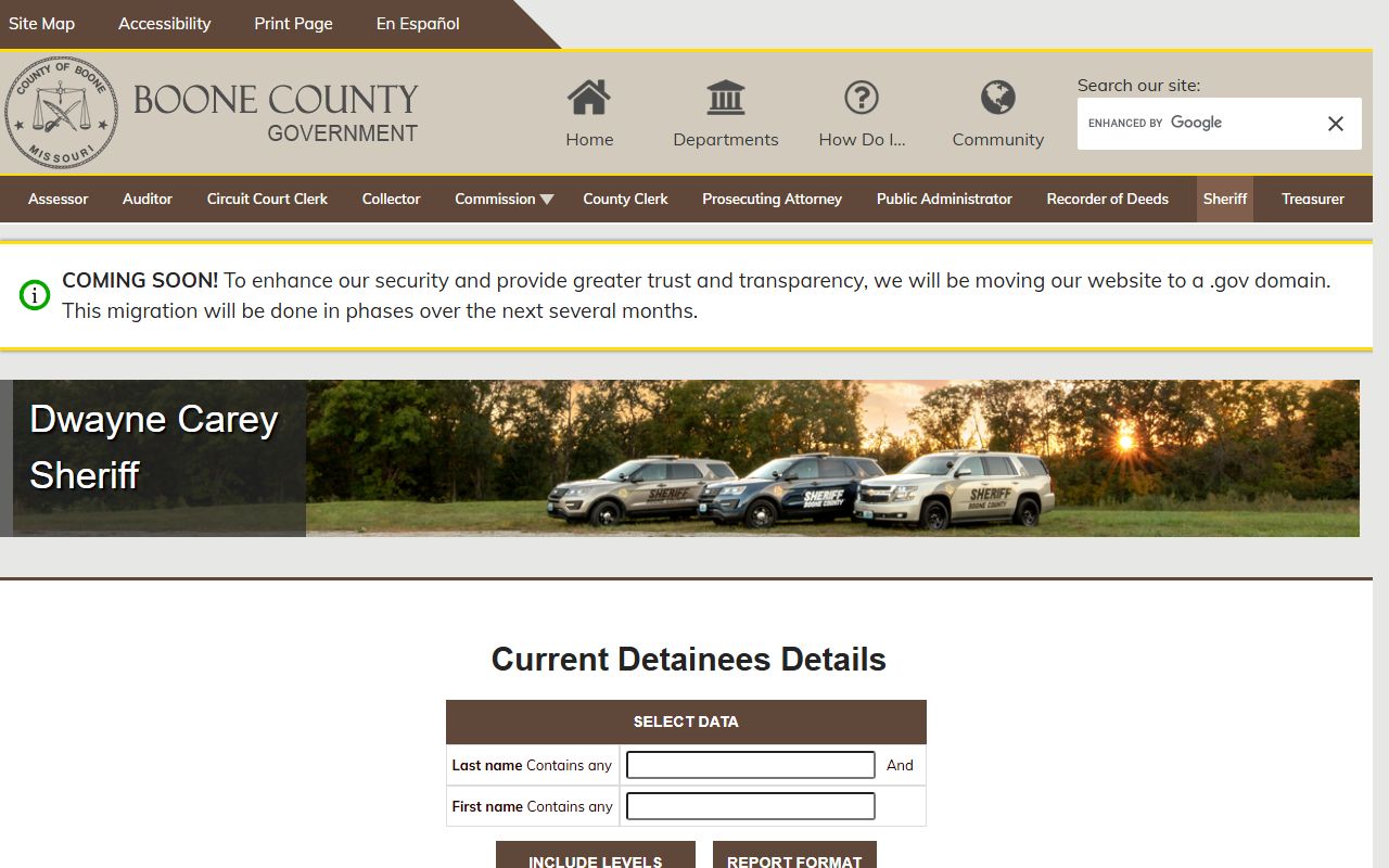 Boone County current detainees search showing inmates and booking information