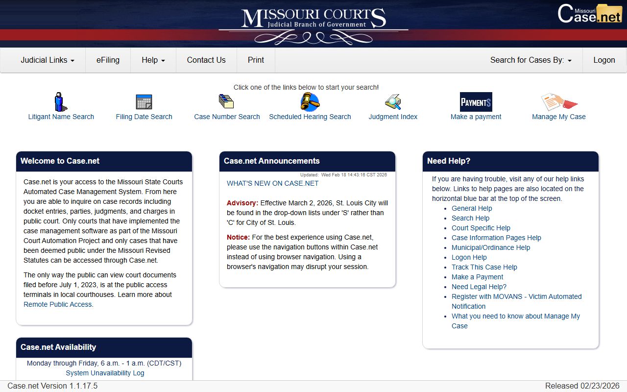Missouri Case.net court records system for booking releases lookup
