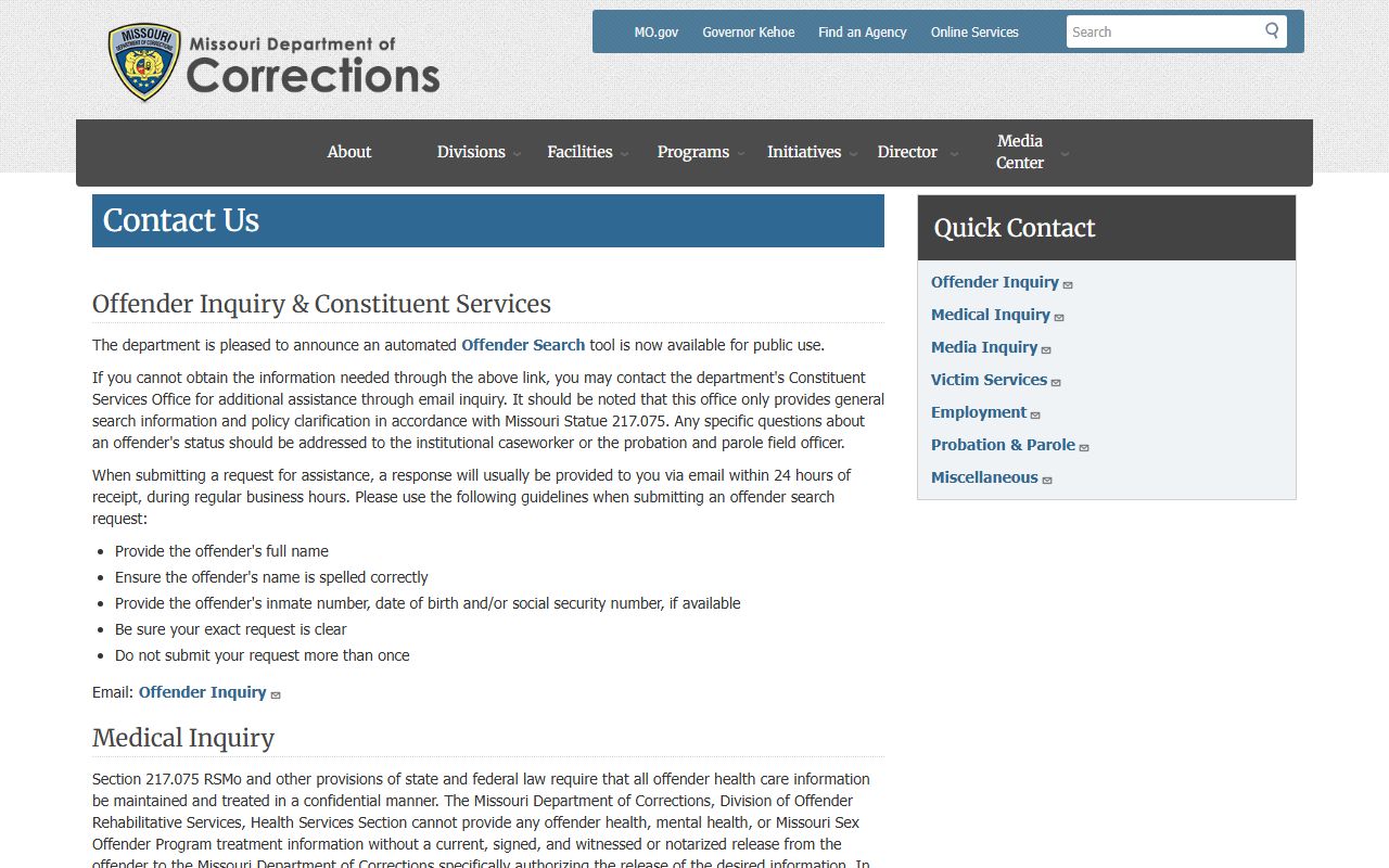 Missouri Department of Corrections contact page for booking releases