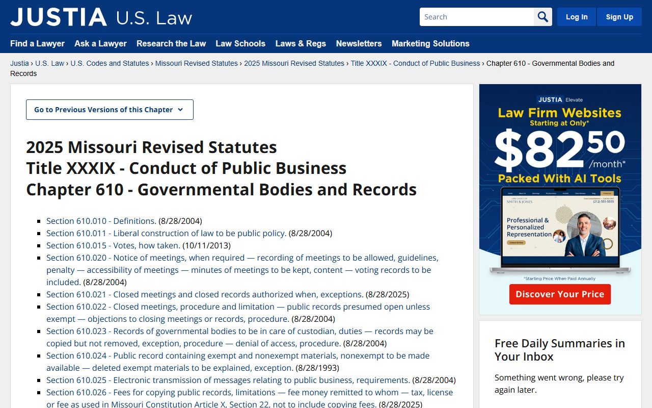 Missouri Sunshine Law statutes governing booking releases access